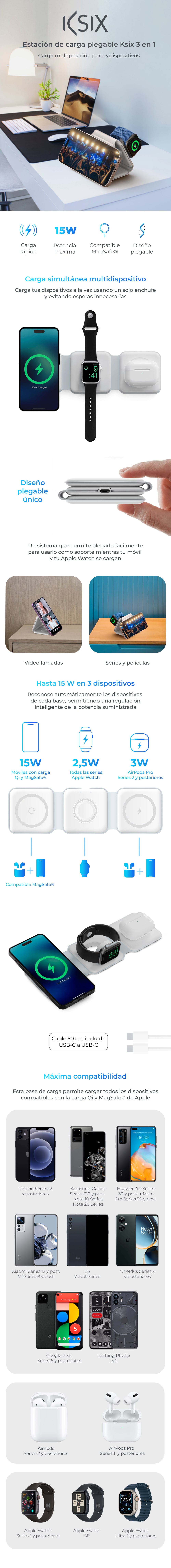 KSIX Cargador inalámbrico 3en1 15W Qi MagSafe plegable